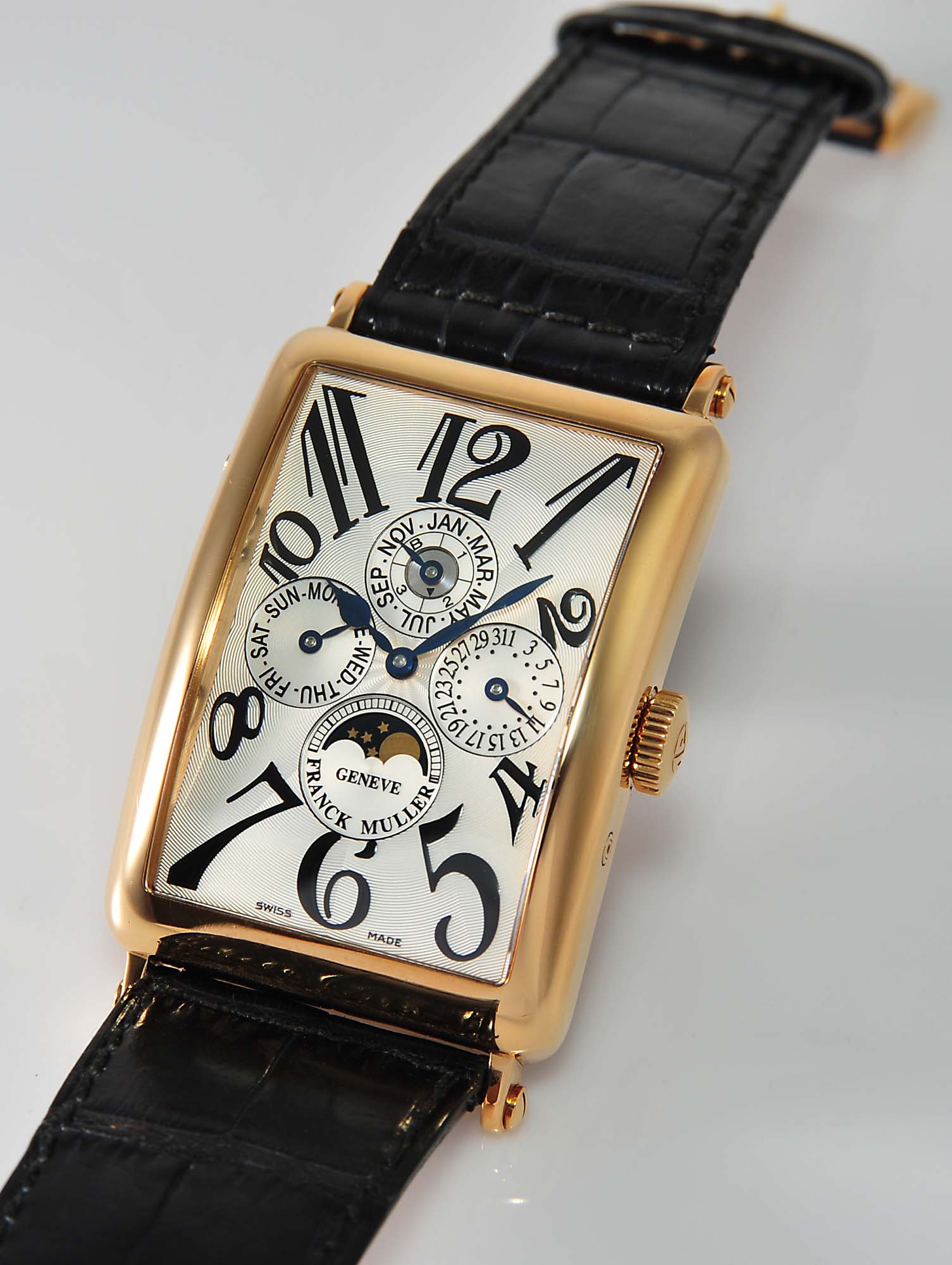 2009 Franck Muller 33x55mm “Long Island, Perpetual Calendar” Ref.1200 QP automatic in 18KYG. Winder Box and cert