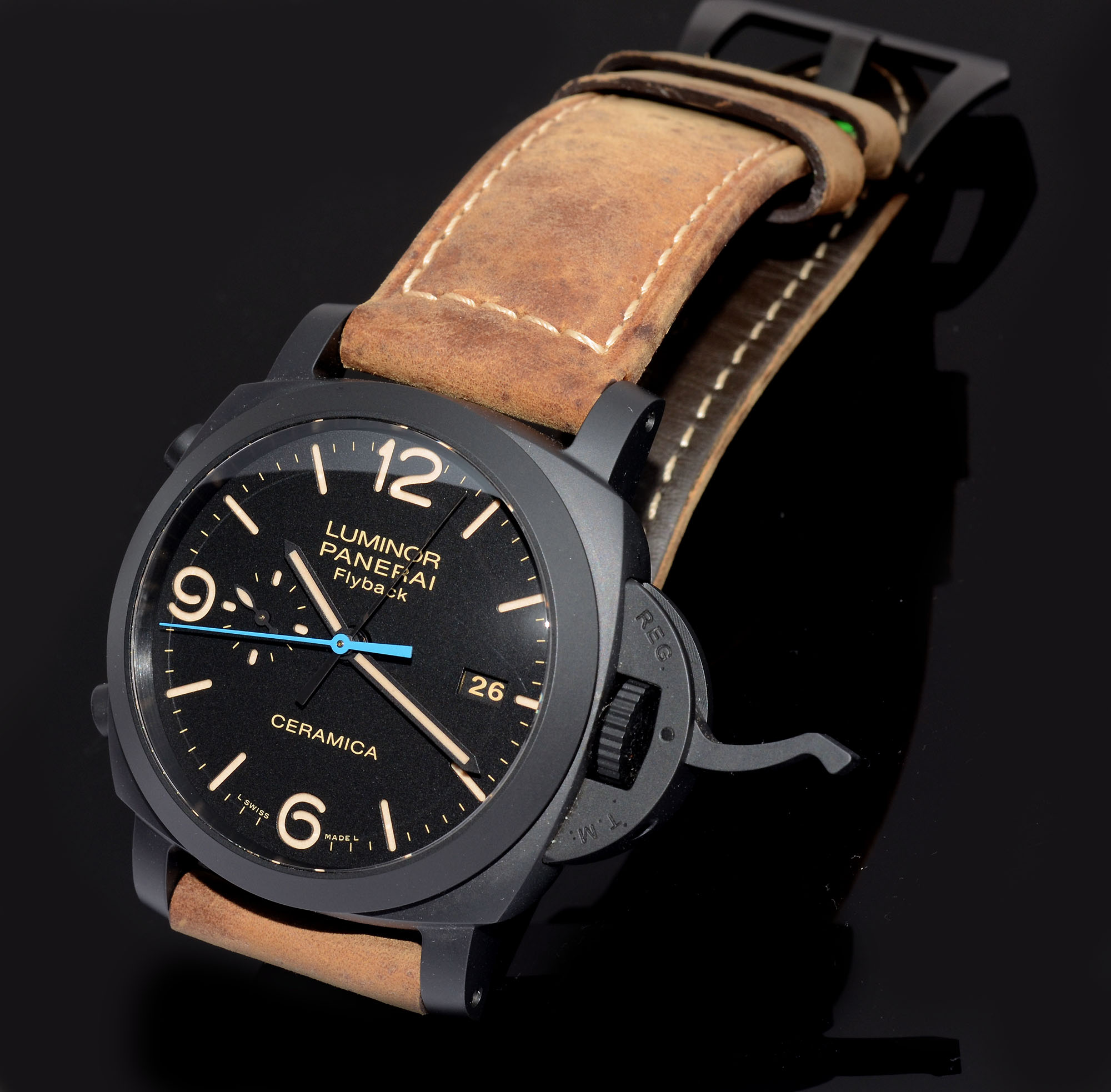 2015 Panerai, 44mm PAM00580 “1950 3 Days Luminor Chrono flyback” automatic date in Black Ceramic. Full set